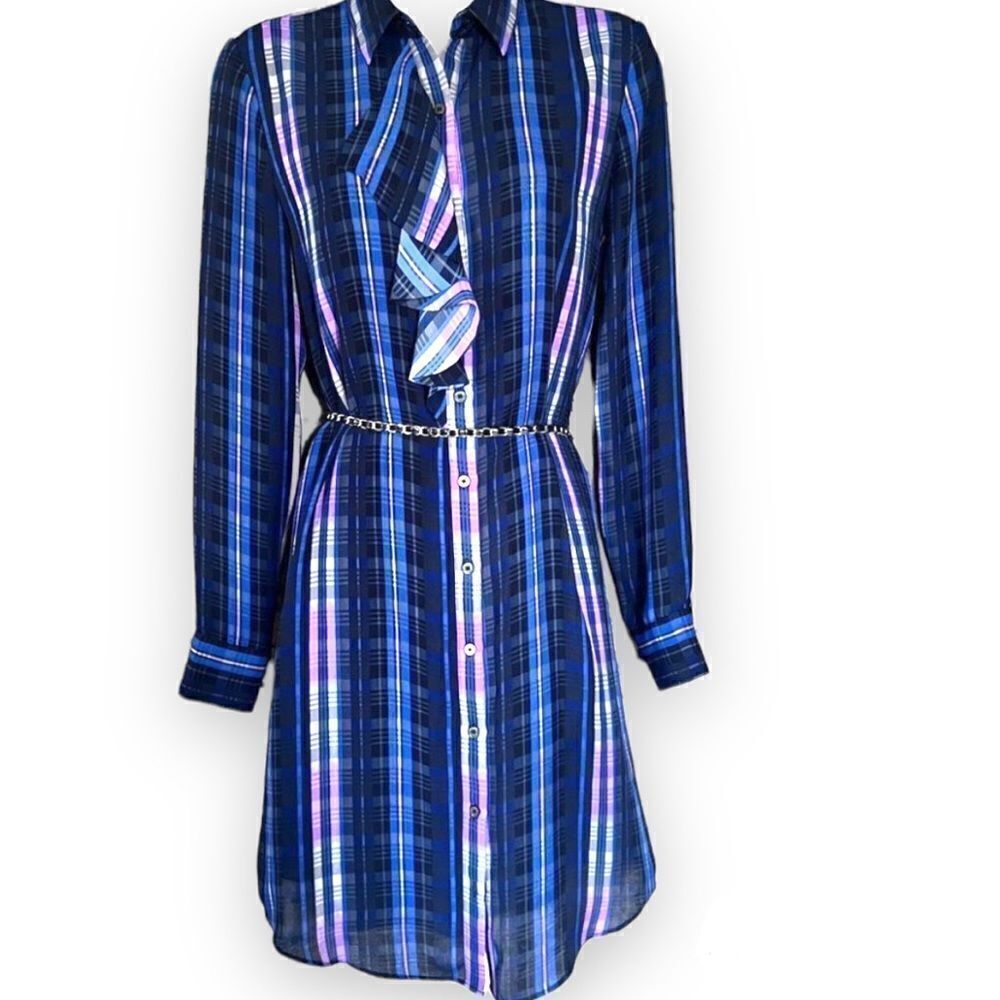 Banana Republic XS Plaid Long-Sleeve Button-Up Dress Blue & Purple